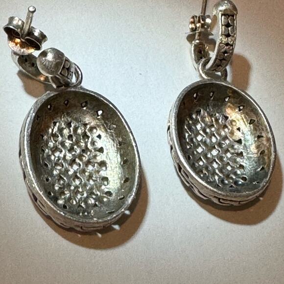 Silver Two-Tone Textured Drop Earrings Artisan Design 0.7" Round Fashion Jewelry - Picture 3 of 5